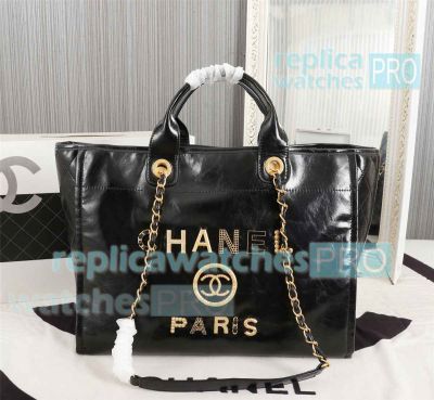 Replica Chane1 Black Calfskin Shopper Bag PARIS Large Size